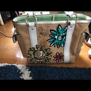 Coach Leather & Straw Bumblebee/Floral Tote